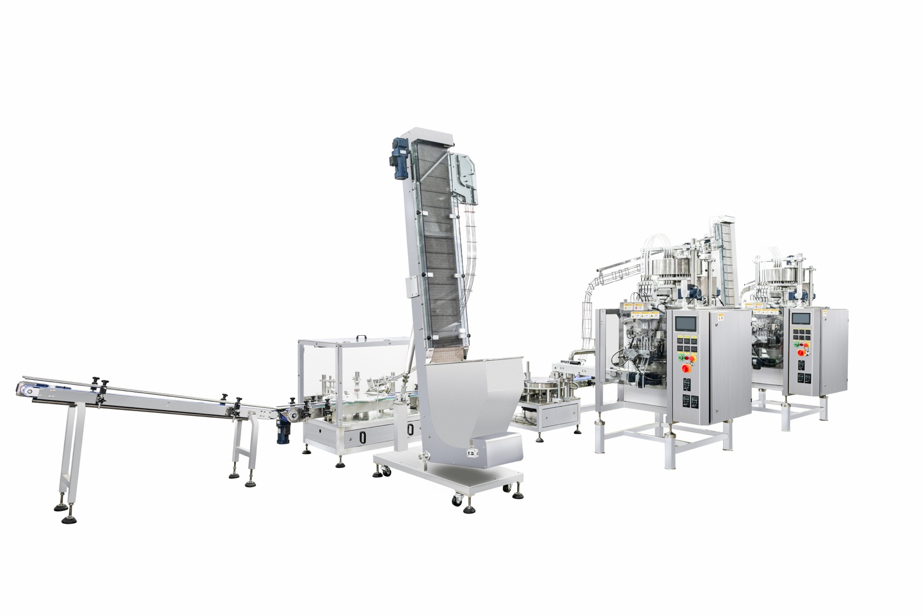 Connected pouch packaging system with pouching and downstream handling modules